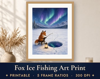 Winterse muurdecoratie om af te drukken, schattige vos die aan het ijs vissen is, illustratie van een rode vos met noorderlicht op een bevroren meer, decoratie voor een blokhut, cadeau voor vissers