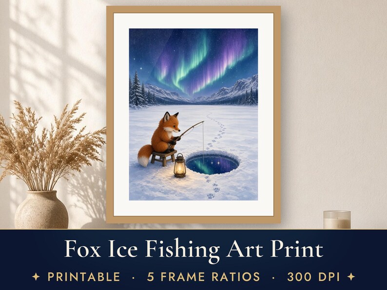 Winter Wall Art Printable, Cute Fox Ice Fishing Art Print, Red Fox Northern Lights Frozen Lake Illustration, Cabin Decor, Fishing Gift image 1