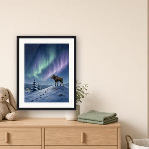Winter Wall Art Printable, Moose Calf Northern Lights Art Print, Aurora Borealis Nordic Landscape Illustration, Cabin Decor Download image 6