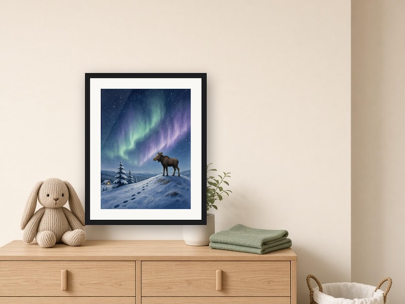 Winter Wall Art Printable, Moose Calf Northern Lights Art Print, Aurora Borealis Nordic Landscape Illustration, Cabin Decor Download image 6