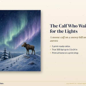 Winter Wall Art Printable, Moose Calf Northern Lights Art Print, Aurora Borealis Nordic Landscape Illustration, Cabin Decor Download image 3