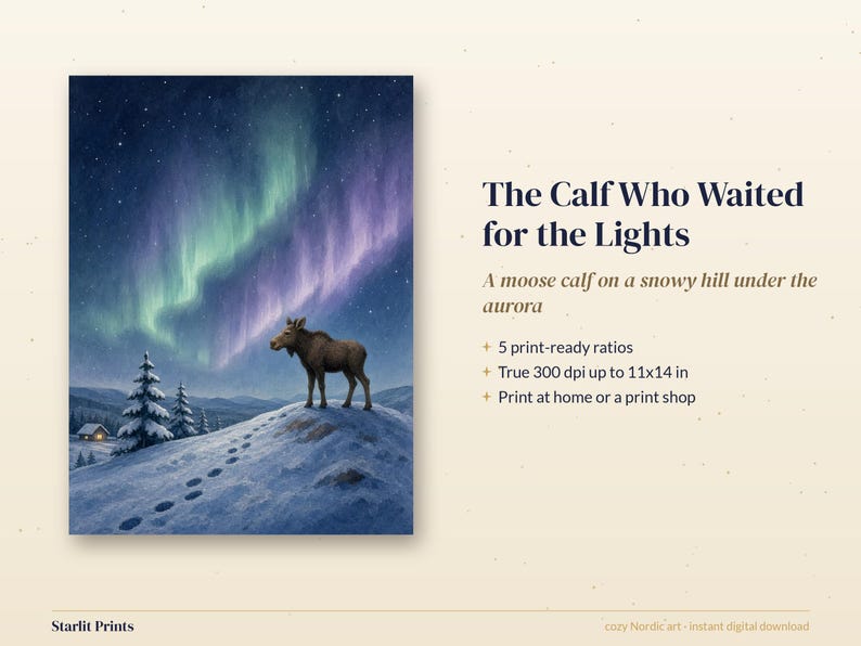 Winter Wall Art Printable, Moose Calf Northern Lights Art Print, Aurora Borealis Nordic Landscape Illustration, Cabin Decor Download image 3