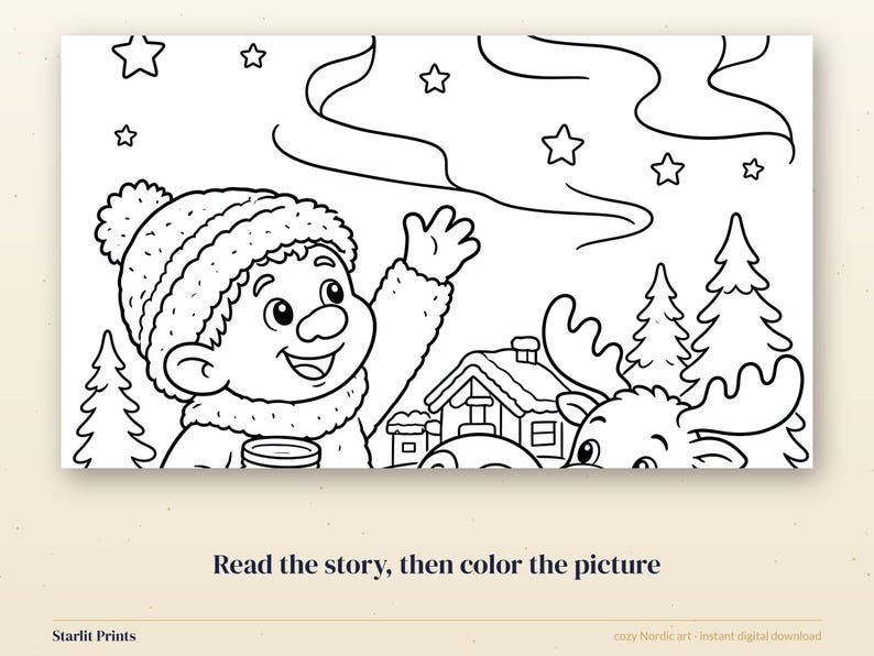 Bedtime Story for Kids with Coloring Page, Printable Troll and Northern Lights Story, Nordic Folklore image 6