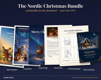 Christmas Printable Bundle, 2027 Calendar, Advent Countdown, Christmas Cards and Gift Tags, Santa Letter, Coloring Pages, Nordic Kids