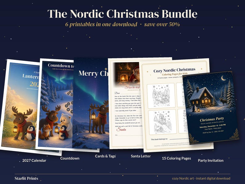 Christmas Printable Bundle, 2027 Calendar, Advent Countdown, Christmas Cards and Gift Tags, Santa Letter, Coloring Pages, Nordic Kids bild 1