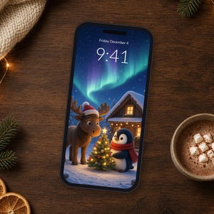 Christmas Phone Wallpaper, Cute Moose and Penguin iPhone Background, Northern Lights 4K Desktop Wallpaper image 2