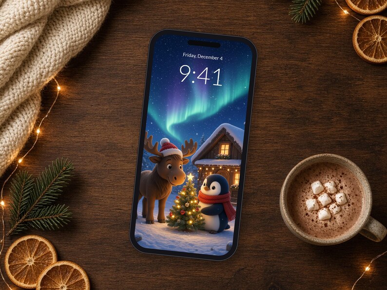 Christmas Phone Wallpaper, Cute Moose and Penguin iPhone Background, Northern Lights 4K Desktop Wallpaper image 2