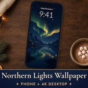 オーロラのスマホ壁紙、オーロラフィヨルドのiPhone背景、ダークな北欧風4Kデスクトップ壁紙 画像 1