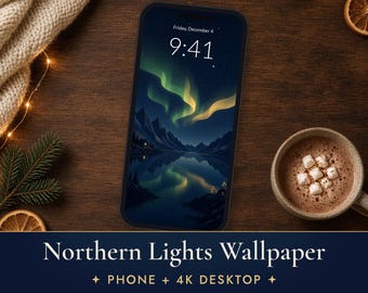 Northern Lights Phone Wallpaper, Aurora Fjord iPhone Background, Dark Nordic 4K Desktop Wallpaper