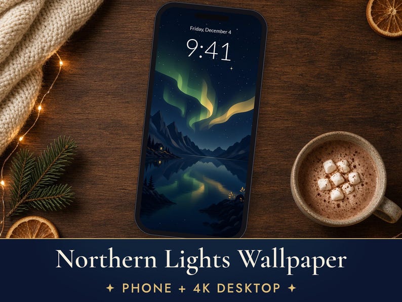 オーロラのスマホ壁紙、オーロラフィヨルドのiPhone背景、ダークな北欧風4Kデスクトップ壁紙 画像 1