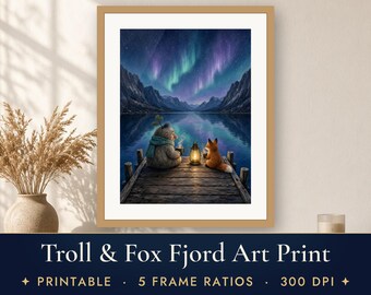 Scandinavische muurdecoratie om af te drukken, Troll en Fox Fjord kunstprint, Noorderlicht Noordse folklore illustratie, Gezellige hutdecoratie
