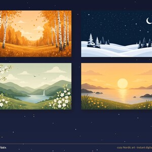 May include: Four rectangular digital art prints featuring seasonal landscapes: an autumn birch forest, a snowy night with a crescent moon, a spring mountain lake with white flowers, and a sunset over a calm sea. Text reads Starlit Prints.