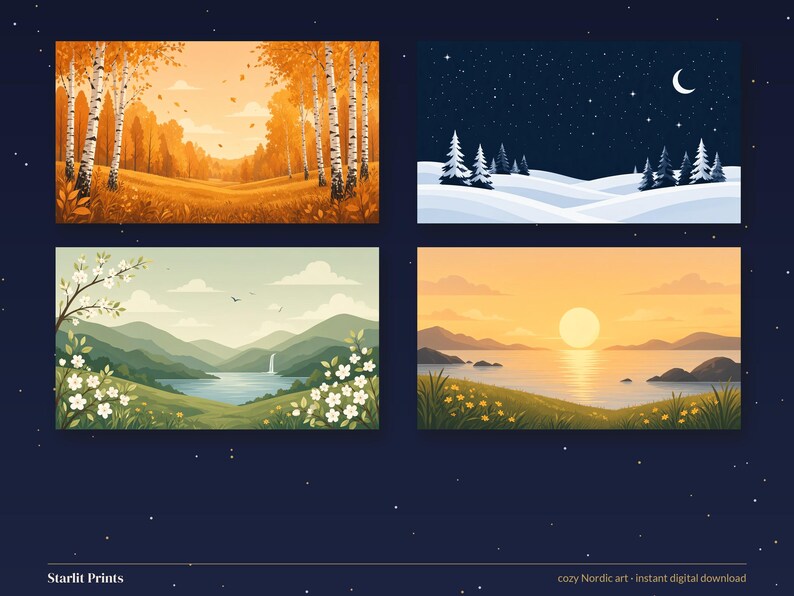 May include: Four rectangular digital art prints featuring seasonal landscapes: an autumn birch forest, a snowy night with a crescent moon, a spring mountain lake with white flowers, and a sunset over a calm sea. Text reads Starlit Prints.
