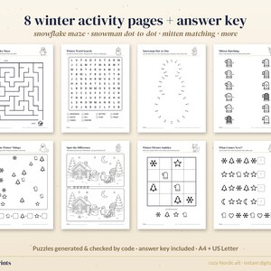Winter Activity Pages for Kids, 8 Printable Worksheets, Maze, Dot to Dot, Word Search, Answer Key image 4
