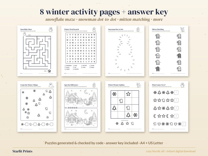 Winter Activity Pages for Kids, 8 Printable Worksheets, Maze, Dot to Dot, Word Search, Answer Key image 4
