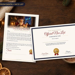 May include: A printed letter from Santa Claus featuring an illustration of Santa and a penguin, alongside an Official Nice List Certificate. Both documents are cream-colored with dark blue borders and red text accents, featuring a gold seal.