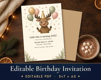 Editable Moose Birthday Invitation, Woodland Kids Party Invite Template, First Birthday Printable 5x7