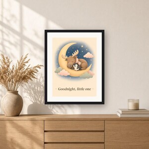 Lámina infantil celestial, cuadro de buenas noches con la luna y las estrellas, decoración imprimible de alce bebé y pingüino imagen 6