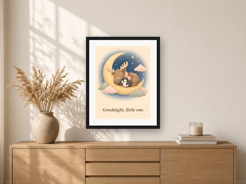 Lámina infantil celestial, cuadro de buenas noches con la luna y las estrellas, decoración imprimible de alce bebé y pingüino imagen 6