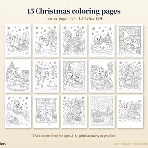 Disegni di Natale da colorare per bambini, 15 fogli da colorare stampabili con alci e pinguini, attività per le vacanze in formato PDF immagine 4