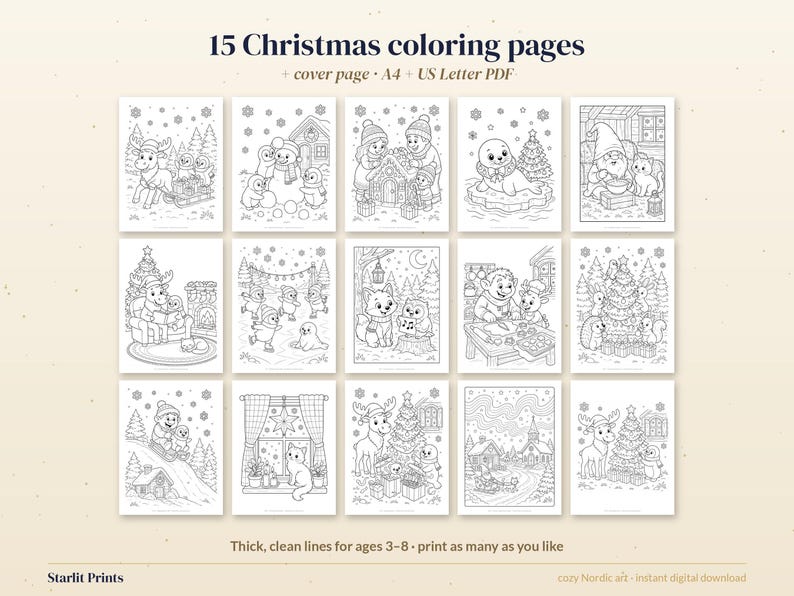 Disegni di Natale da colorare per bambini, 15 fogli da colorare stampabili con alci e pinguini, attività per le vacanze in formato PDF immagine 4