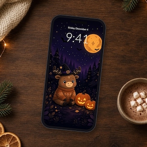K&ouml;nnte beinhalten: Ein Smartphone mit einer digitalen Illustration eines braunen Hirsches, der einen Hexenhut und einen Pullover tr&auml;gt und neben zwei K&uuml;rbislaternen in einem n&auml;chtlichen Wald unter einem gro&szlig;en orangefarbenen Mond sitzt, mit der Uhrzeit 9:41 und Freitag, 4. Dezember.