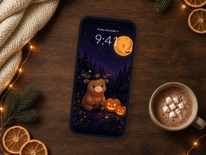 K&ouml;nnte beinhalten: Ein Smartphone mit einer digitalen Illustration eines braunen Hirsches, der einen Hexenhut und einen Pullover tr&auml;gt und neben zwei K&uuml;rbislaternen in einem n&auml;chtlichen Wald unter einem gro&szlig;en orangefarbenen Mond sitzt, mit der Uhrzeit 9:41 und Freitag, 4. Dezember.