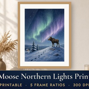 Winter Wall Art Printable, Moose Calf Northern Lights Art Print, Aurora Borealis Nordic Landscape Illustration, Cabin Decor Download image 1