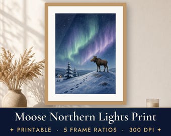 Winterse muurdecoratie om af te drukken, print van een elandkalf met noorderlicht, illustratie van het noorderlicht in Scandinavisch landschap, decoratie voor een blokhut om te downloaden