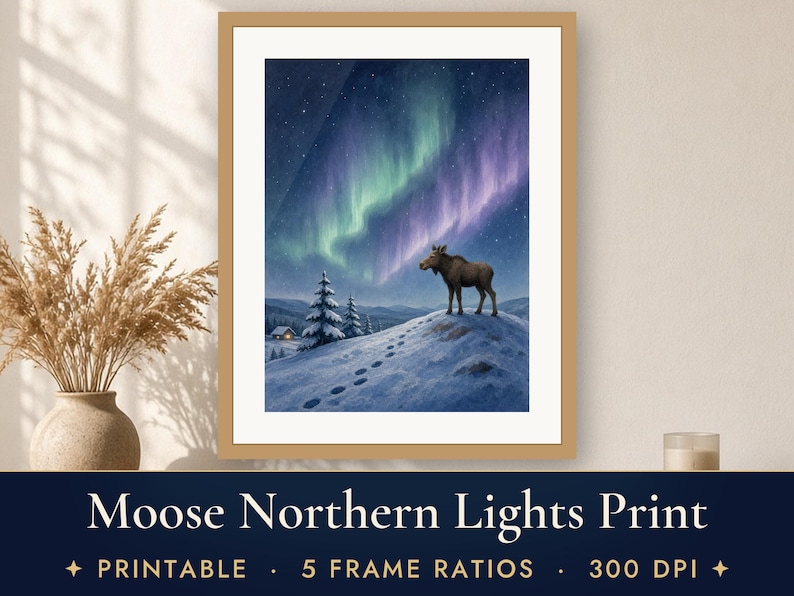 Winter Wall Art Printable, Moose Calf Northern Lights Art Print, Aurora Borealis Nordic Landscape Illustration, Cabin Decor Download image 1
