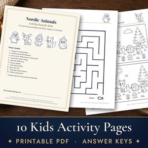 Páginas de actividades imprimibles para niños, 10 fichas de animales nórdicos, laberinto, unir puntos, sopa de letras, clave de respuestas. imagen 1
