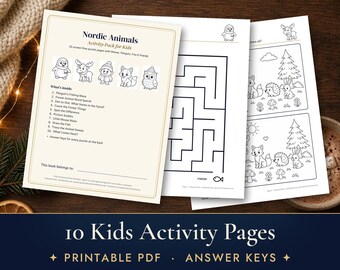 Kids Activity Pages Printable, 10 Nordic Animal Worksheets, Maze, Dot to Dot, Word Search, Answer Key