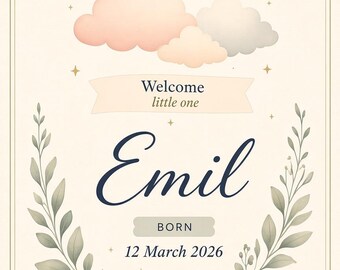 Könnte beinhalten: Ein Geburtsanzeige-Druck mit dem Text Welcome little one, dem Namen Emil und dem Datum 12 March 2026. Das Design zeigt weiche rosa und graue Wolken, goldene Sterne und grüne Blattzweige auf einem cremefarbenen Hintergrund.
