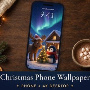 Christmas Phone Wallpaper, Cute Moose and Penguin iPhone Background, Northern Lights 4K Desktop Wallpaper image 1