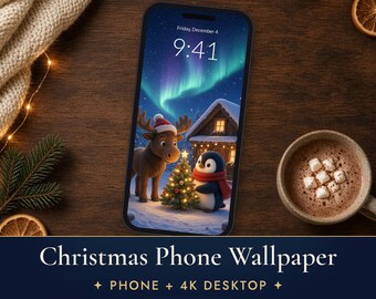 Christmas Phone Wallpaper, Cute Moose and Penguin iPhone Background, Northern Lights 4K Desktop Wallpaper