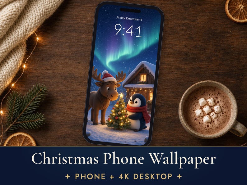 Christmas Phone Wallpaper, Cute Moose and Penguin iPhone Background, Northern Lights 4K Desktop Wallpaper image 1