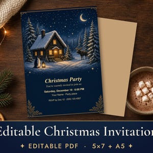 Editable Christmas Party Invitation, Cozy Cabin Holiday Invite Template, Navy and Gold Printable 5x7 image 1