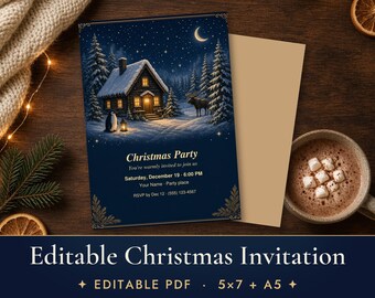 Editable Christmas Party Invitation, Cozy Cabin Holiday Invite Template, Navy and Gold Printable 5x7