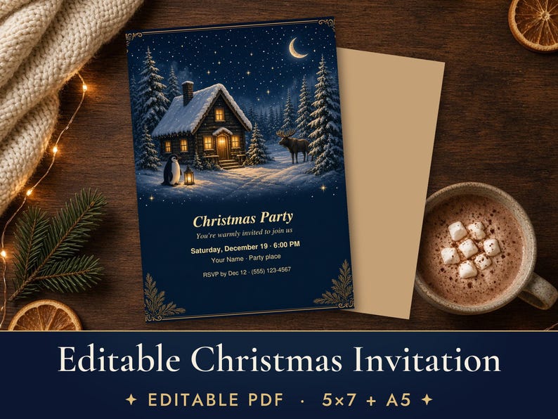 Editable Christmas Party Invitation, Cozy Cabin Holiday Invite Template, Navy and Gold Printable 5x7 image 1