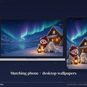 Telefoonachtergrond met ijsbeer, schattige achtergrond met noorderlicht voor iPhone, 4K bureaubladachtergrond met poolvos afbeelding 3