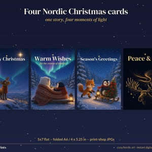 Printable Christmas Cards and Gift Tags Set, Nordic Moose Penguin Holiday Cards 5x7, Northern Lights Xmas Tags, Instant Download image 2