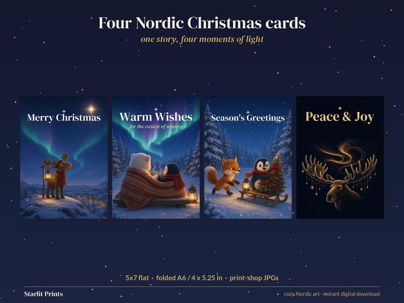 Printable Christmas Cards and Gift Tags Set, Nordic Moose Penguin Holiday Cards 5x7, Northern Lights Xmas Tags, Instant Download image 2