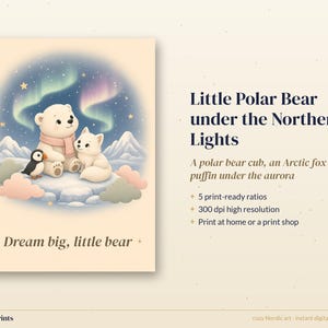 Polar Bear Nursery Print, Arctic Animals Wall Art, Northern Lights Baby Printable, Pastel Kids Room Decor image 3