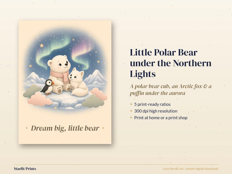 Polar Bear Nursery Print, Arctic Animals Wall Art, Northern Lights Baby Printable, Pastel Kids Room Decor image 3