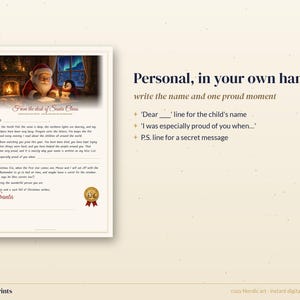 May include: A printable letter template from Santa Claus featuring an illustration of Santa and a penguin in a cozy room. The text includes 'From the desk of Santa Claus', 'Dear', 'I was especially proud of you when', and a P.S. line for a secret message.