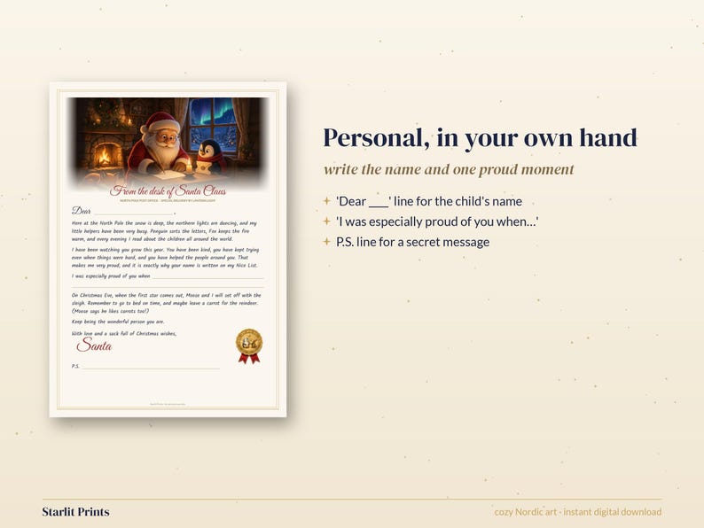 May include: A printable letter template from Santa Claus featuring an illustration of Santa and a penguin in a cozy room. The text includes 'From the desk of Santa Claus', 'Dear', 'I was especially proud of you when', and a P.S. line for a secret message.