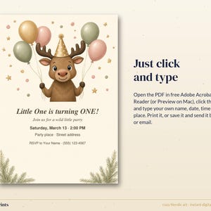 Editable Moose Birthday Invitation, Woodland Kids Party Invite Template, First Birthday Printable 5x7 image 6