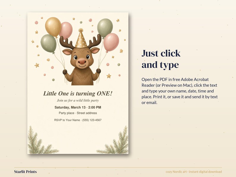 Editable Moose Birthday Invitation, Woodland Kids Party Invite Template, First Birthday Printable 5x7 image 6
