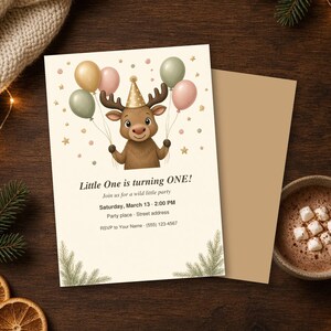 Editable Moose Birthday Invitation, Woodland Kids Party Invite Template, First Birthday Printable 5x7 image 2