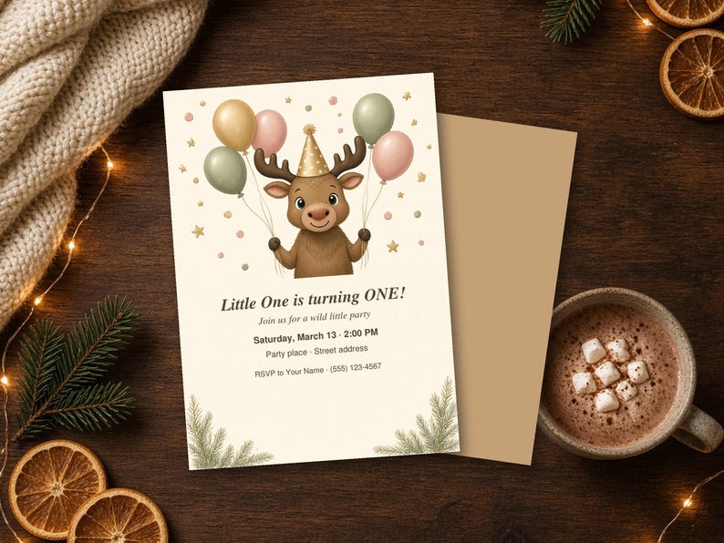 Editable Moose Birthday Invitation, Woodland Kids Party Invite Template, First Birthday Printable 5x7 image 2